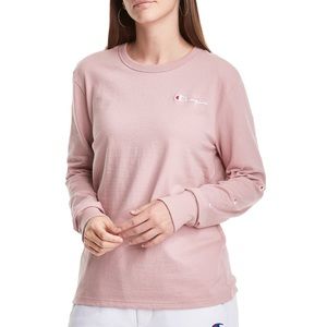 Champion Boyfriend Long-Sleeve Tee, Block Logo Pink Beige XL